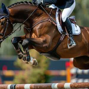 horse rider jumping over a fence